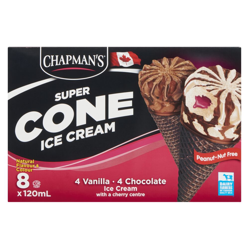 Chapman's Vanilla And Chocolate With Cherry Center Super Ice Cream Cones 8x120ml