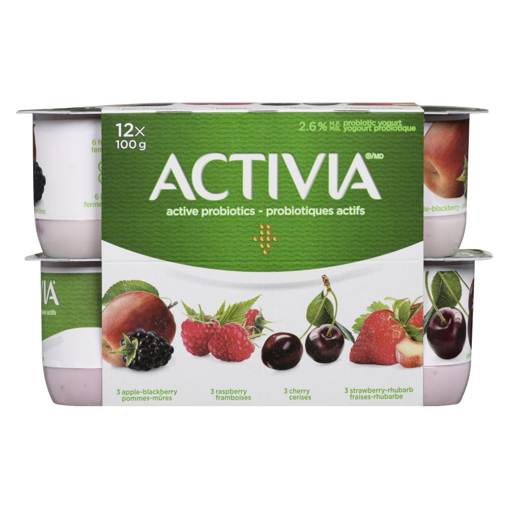 Activia Apple-Blackberry, Raspberry, Cherry, Strawberry-Rhubarb Probiotic Yogurt 12x100g