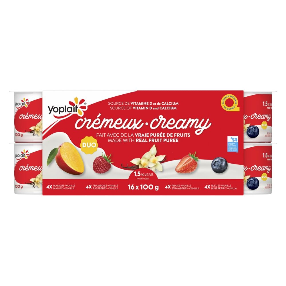 Yoplait Creamy Duo Mango-Vanilla Raspberry-Vanilla Strawberry-Vanilla Blueberry-Vanilla Stirred Yogurt 1% M.F. 16x100g