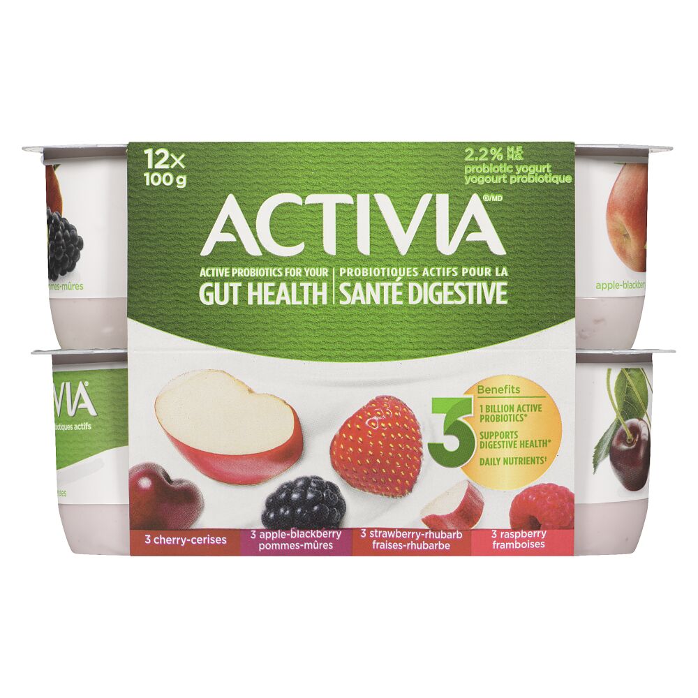 Activia Apple-Blackberry, Raspberry, Cherry, Strawberry-Rhubarb Probiotic Yogurt 12x100g