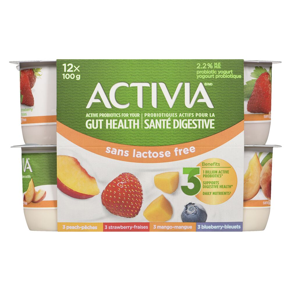 Activia Lactose Free Mango Blueberry Strawberry And Peach Probiotic Yogurt 12x100g