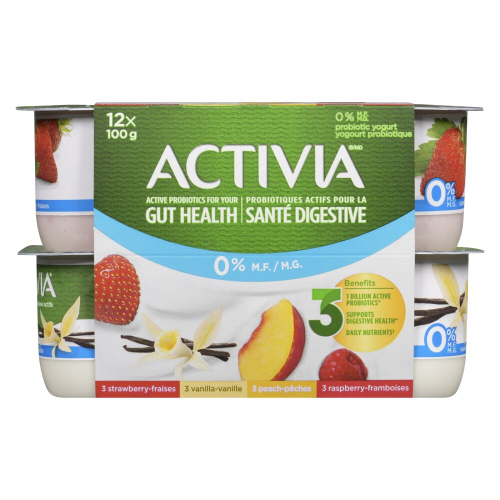 Activia Vanilla Raspberry Strawberry And Peach Probiotic Yogurt 0% M.F. 12x100g