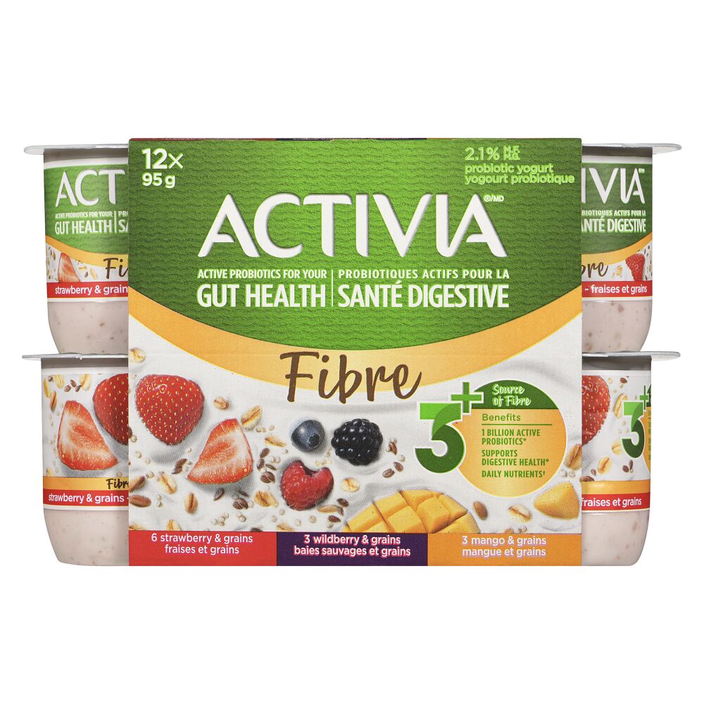 Activia Strawberry, Wildberry, Mango With Grains Probiotic Yogurt 12x95g