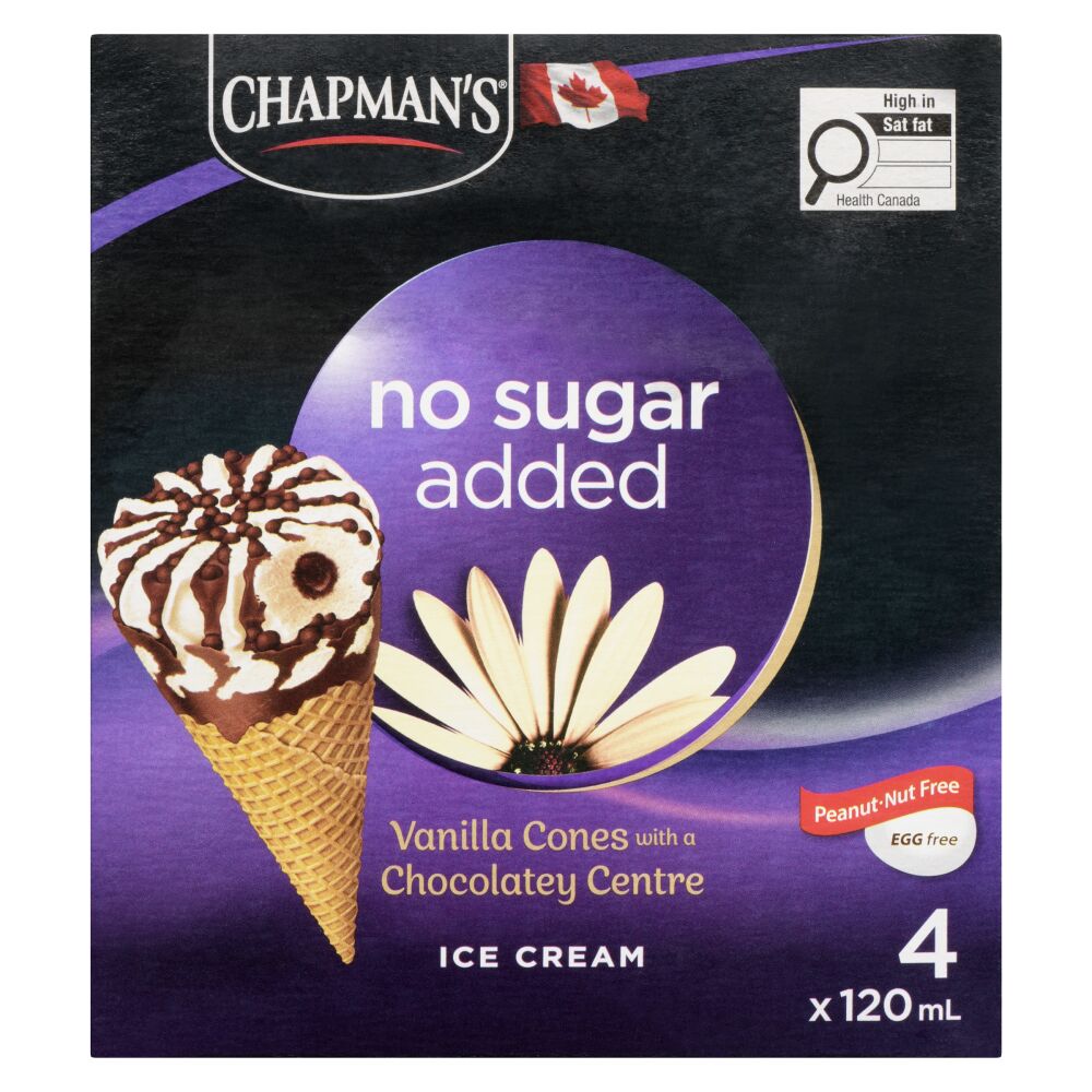 Chapman's No Sugar Added Vanilla Ice Cream Cones With A Chocolatey Centre 4x120ml