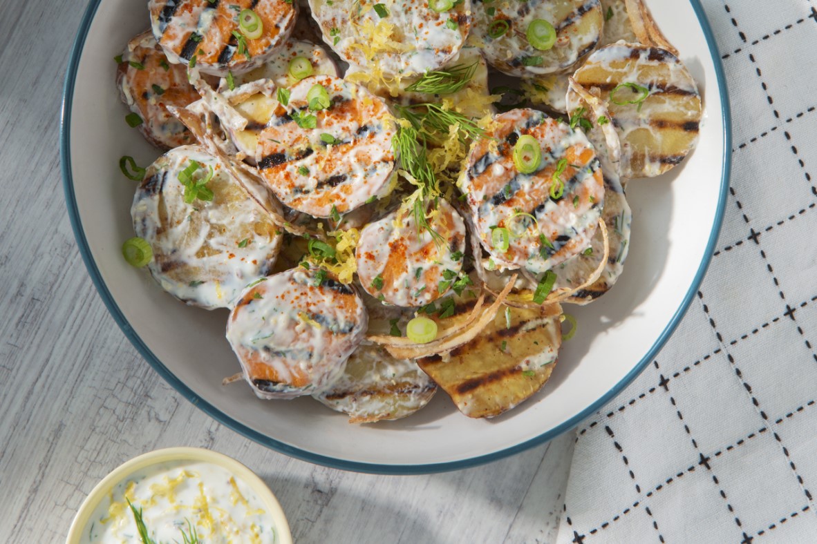 Creamy BBQ Potato Salad with Crispy Red Onions | Canadian Goodness