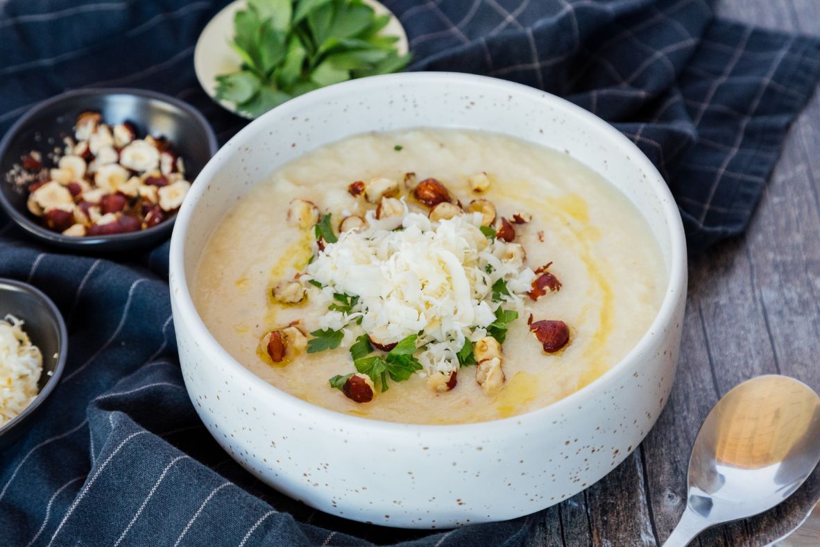 Cream of celeriac with truffle oil and hazelnuts | Canadian Goodness