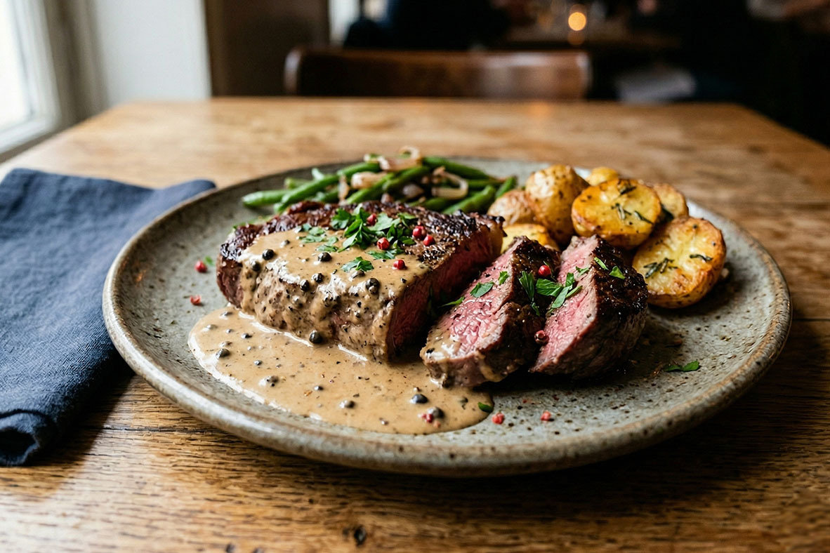 Sirloin Steak with Creamy Peppercorn Sauce Recipe | Canadian Goodness
