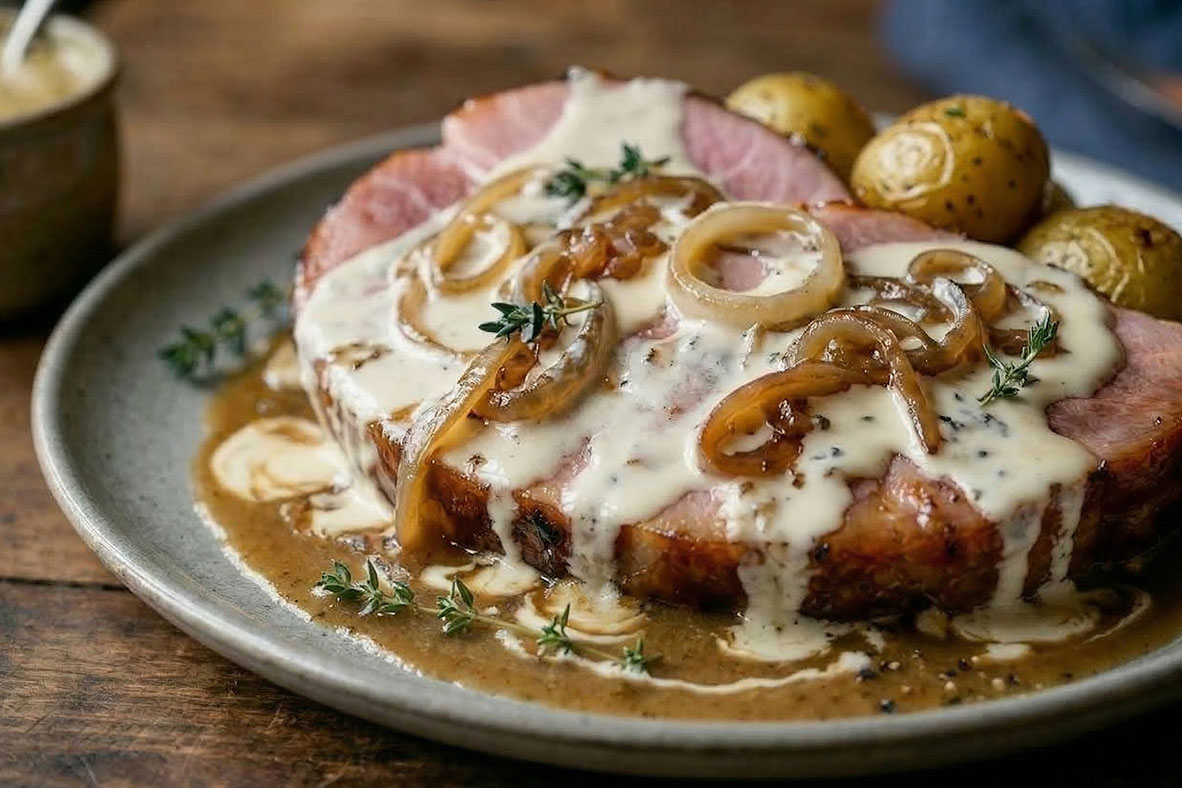 Baked Ham with Maple Caramelized Onions & Mustard Sauce | Canadian Goodness
