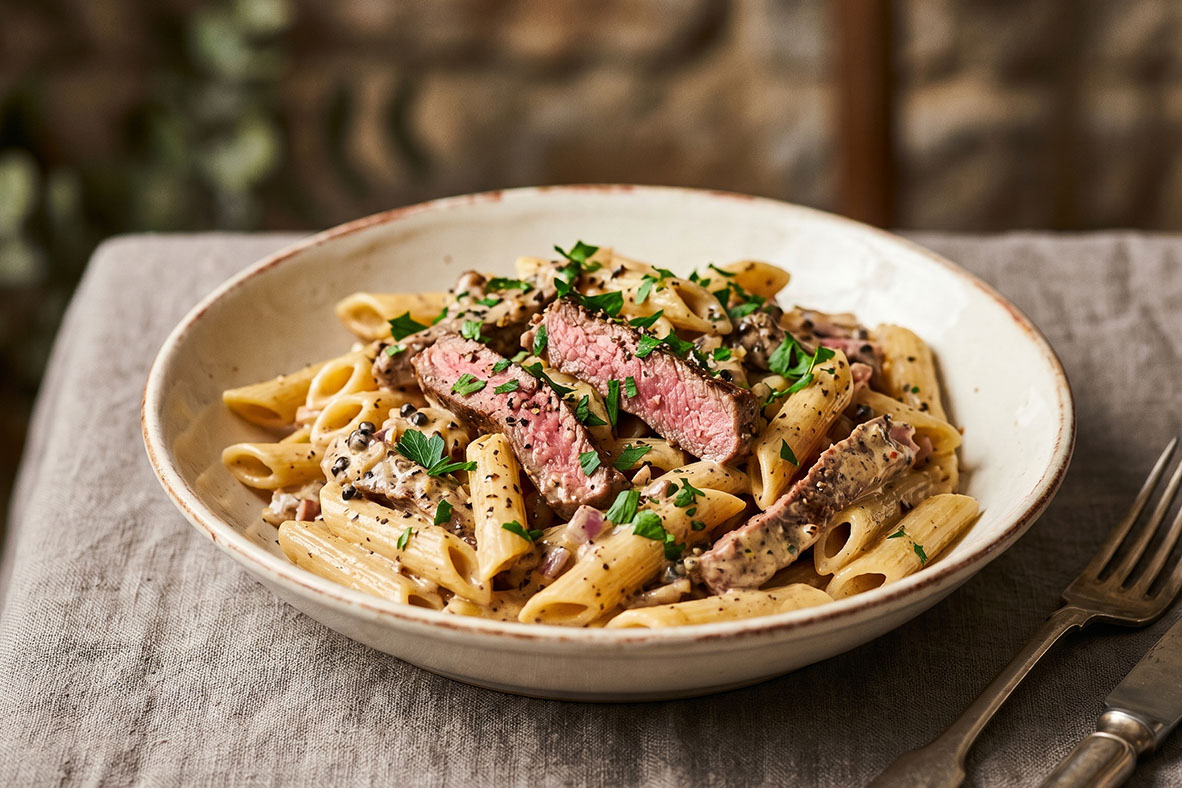 Penne with Peppered Beef | Canadian Goodness