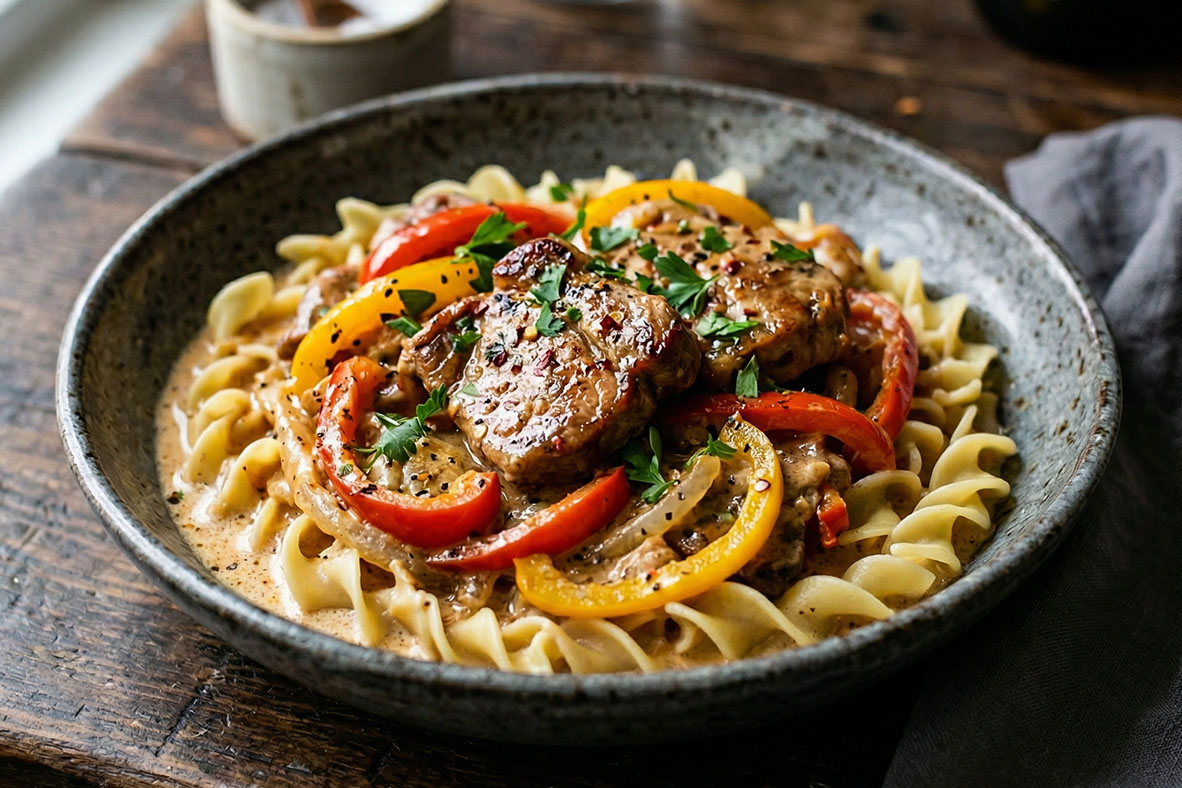 Pork and Sweet Peppers on Noodles | Canadian Goodness