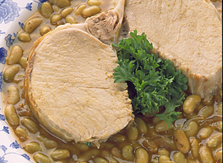 Braised Pork Loin Chops with Green Flageolet Beans | Canadian Goodness