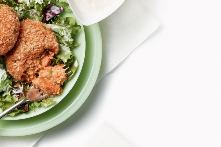 Golden Crispy Salmon Cakes on Greens | Canadian Goodness