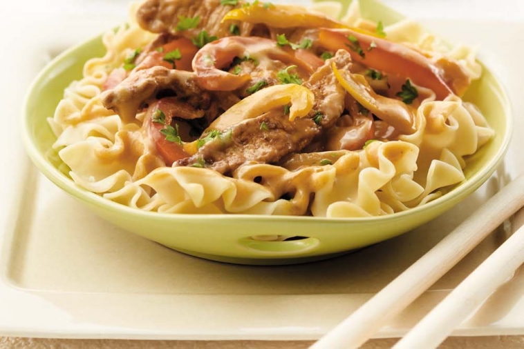 Pork and Sweet Peppers on Noodles | Canadian Goodness