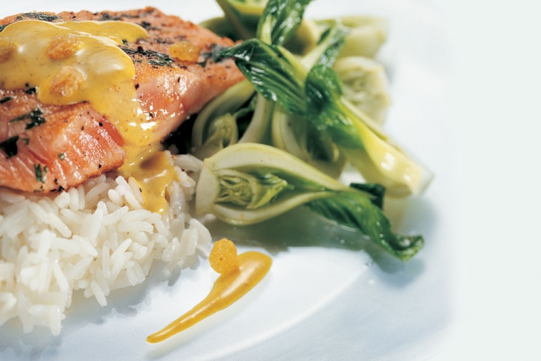 Roasted Trout Fillet with a Creamy Curry-Flavoured Brie and Raisin Sauce | Canadian Goodness