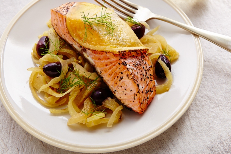 Salmon with olive-fennel compote & Cheddar | Canadian Goodness