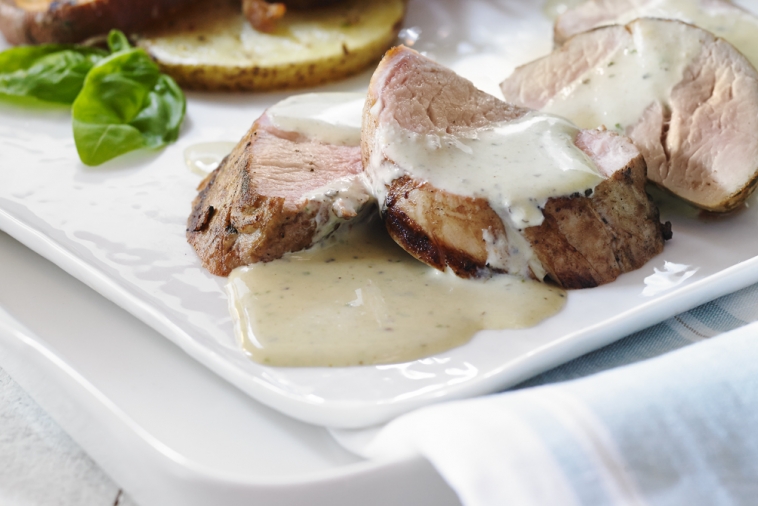 Smoked Pork Tenderloin, Basil and Creamy Fontina Peppery Cheese Sauce | Canadian Goodness