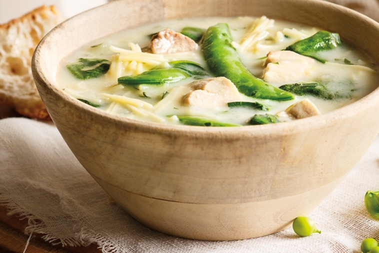 Springtime Chicken, Spinach and Sugar Snap Pea Soup | Canadian Goodness