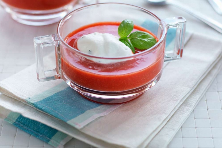 Strawberry-Lime Gazpacho with Spiked Cucumber & Fresh Whipped Basil Cream | Canadian Goodness