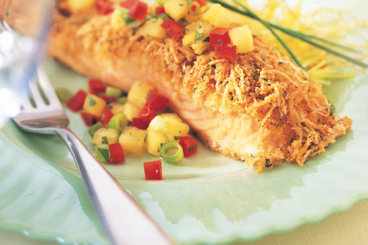 Swiss-Crusted Salmon Fillets with Pineapple Salsa | Canadian Goodness