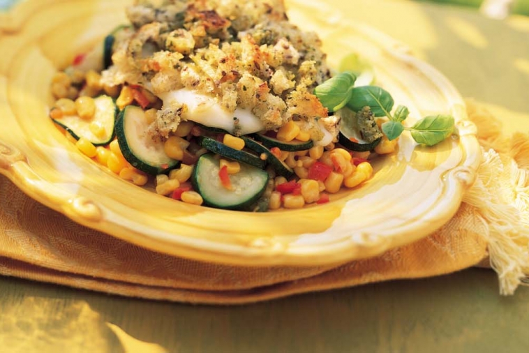 Zucchini, Corn and Red Pepper with Crispy Pesto Topping | Canadian Goodness