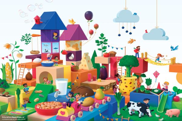 A village made of wooden building blocks and nutritious foods
