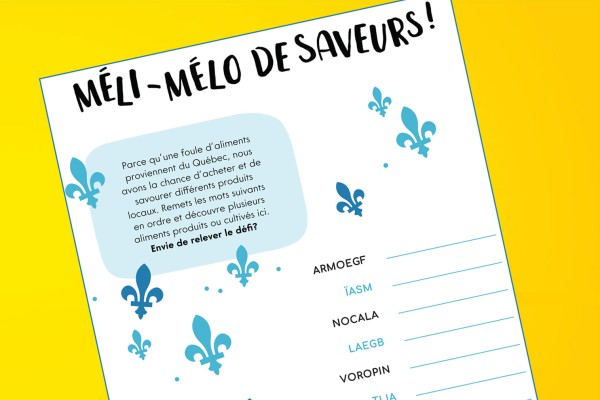 Illustration de la fiche du jeu de lettres mélangées sur le thème des aliments locaux