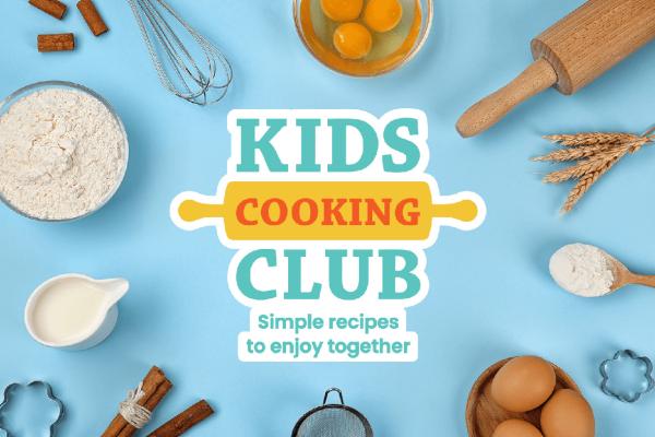 Kids Cooking Club logo with baking ingredients and cooking utensils displayed around it on blue background
