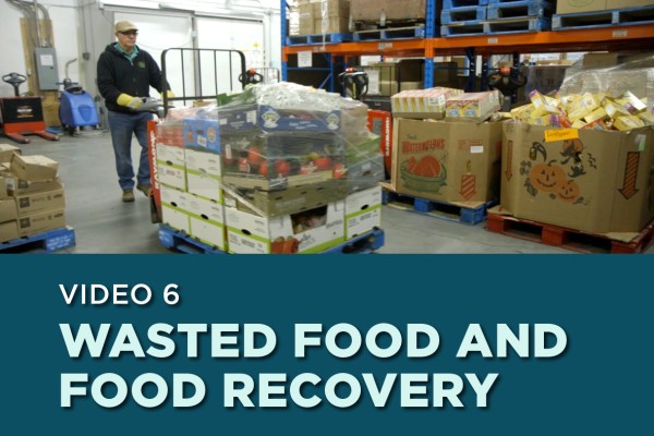 Man in a warehouse walking with a pallet full of food