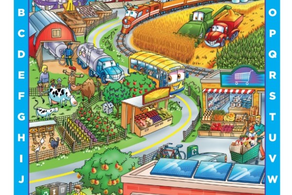 Poster with images of foods, farm animals and children