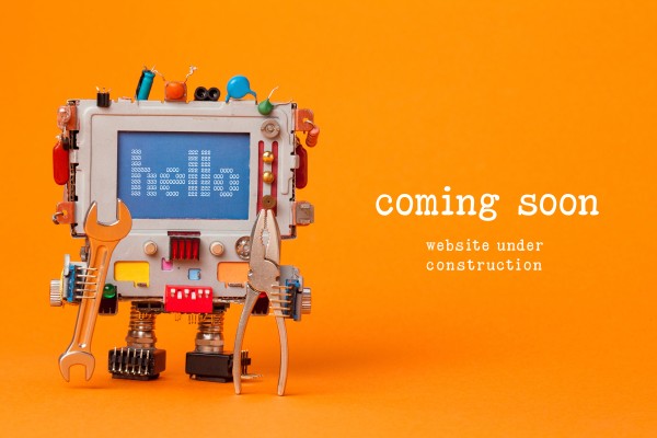 On the left side is a robot holding a wrench with the word “hello” on its screen. On the right are the words “coming soon: website under construction.”