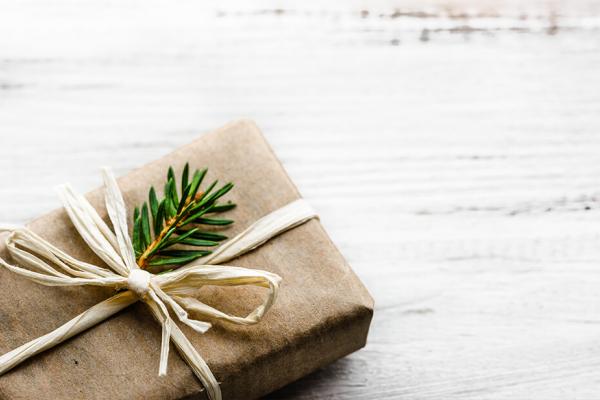 A gift wrapped in compostable wrapping