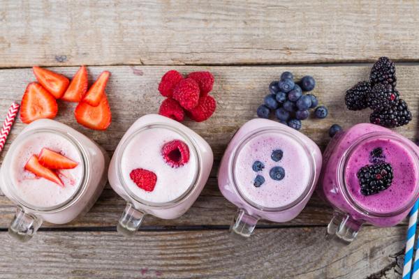 A selection of fruit and vegetable smoothies made with yogurt