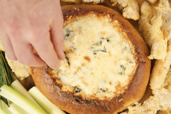 Spinach Artichoke Dip with Jalapeno in a Bread Bowl