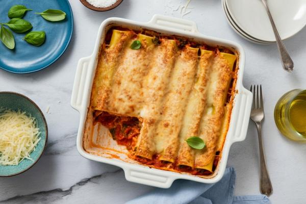 Cheesy baked cannelloni in white dish with basil.