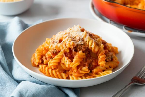 Fresh creamy cottage cheese rotini pasta with grated cheese in a bowl.