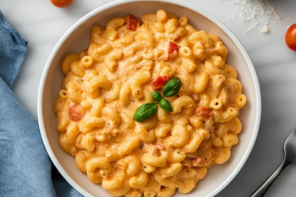 Bowl of creamy tomato mac and cheese with basil.