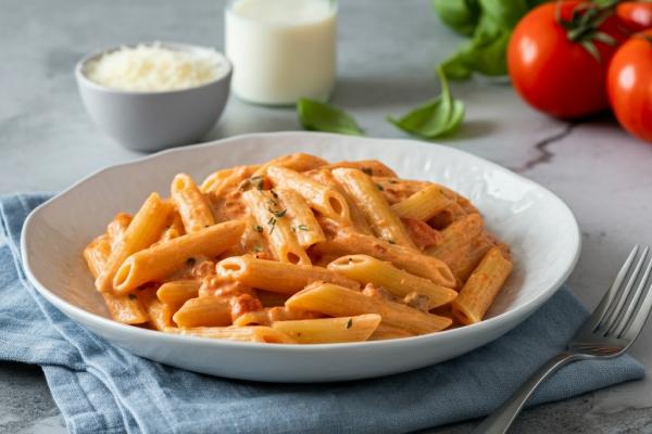 Creamy tomato penne pasta with pork tenderloin and herbs in a bowl.