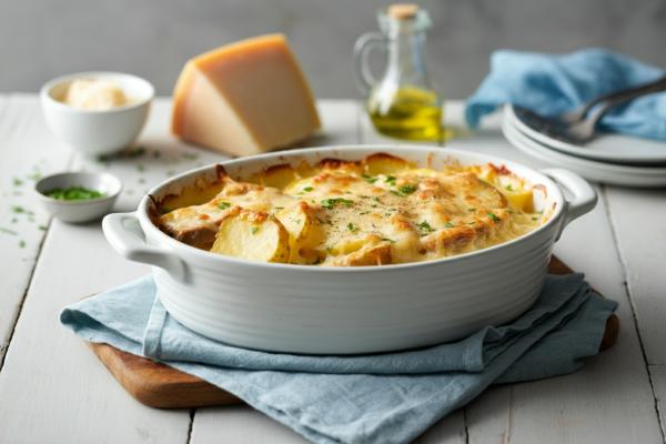 Golden scalloped pork and potato casserole in a baking dish.
