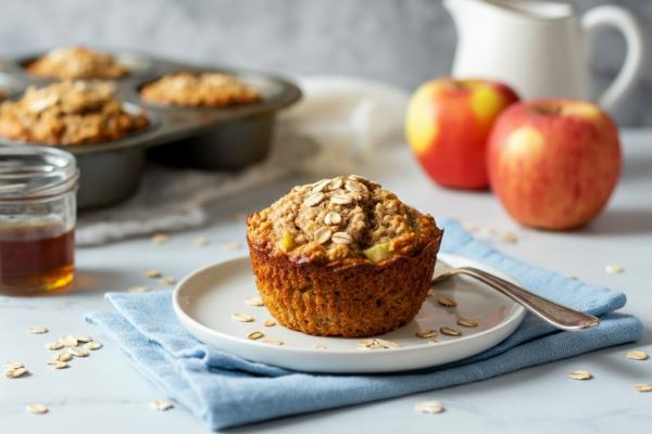 Maple apple oatmeal muffin on plate with fresh apples in the back.
