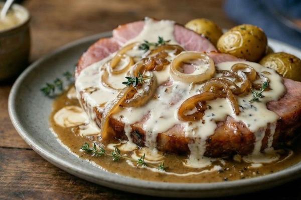 Baked Ham with Maple Caramelized Onions & Mustard Sauce