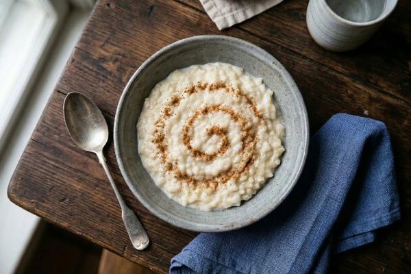 Bowl of rice pudding with a cinnamon swirl ontop