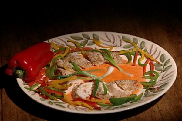 chicken cutlets with gouda sesame and sweet peppers