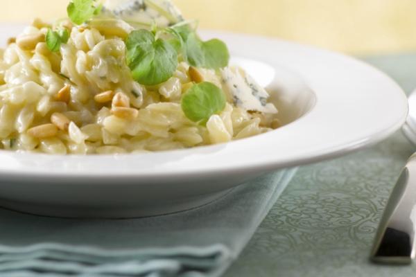 creamy orzo risotto with blue cheese and pine nuts