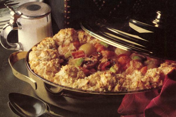 game casserole with savoury biscuits