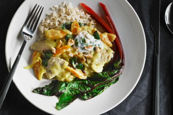 ginger curried pork with carrots and greens