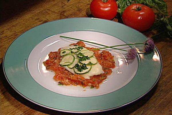 green scaled halibut with crushed tomatoes