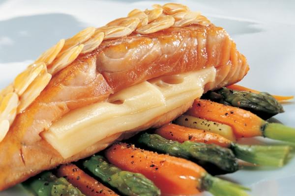 Maple salmon fillet stuffed with a slice of swiss cheese
