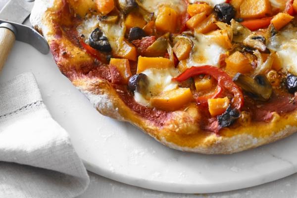 pizza with squash and mushroom caponata