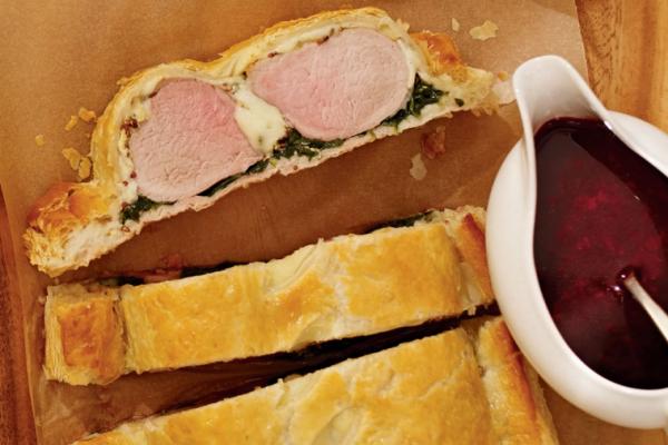 pork wellington with louis d or cheese and beet sauce