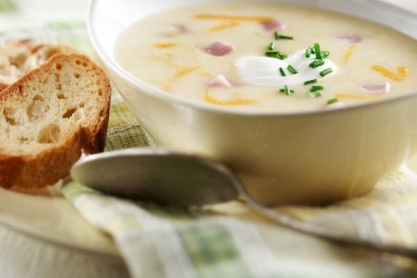 potato cheddar ham soup with chive yogurt